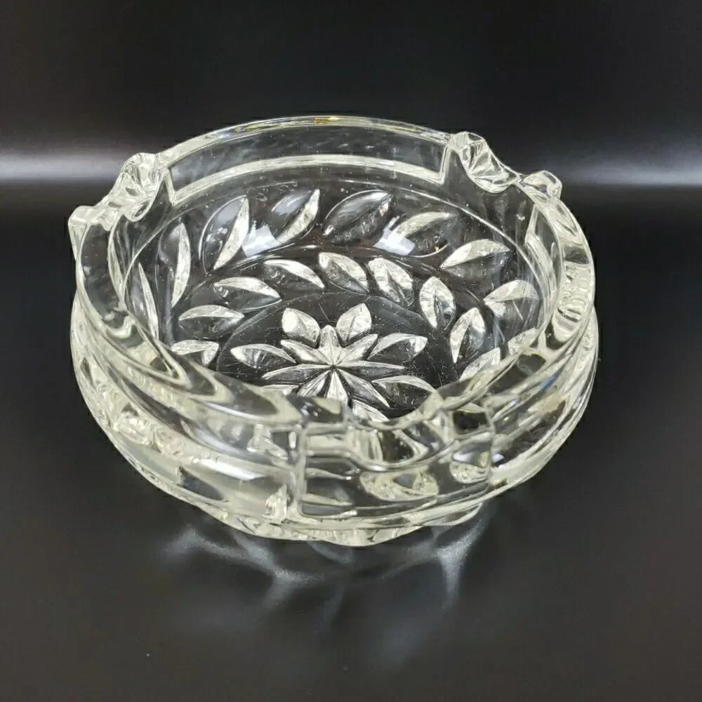 Vintage Cigar Tabletop Ashtray Clear Glass Etched Floral Leaf Band 3 Slots MCM